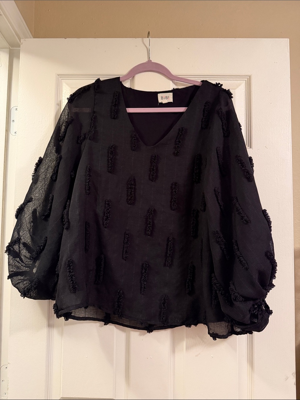 BiBi Black Sheer V-Neck Puff Sleeve Blouse